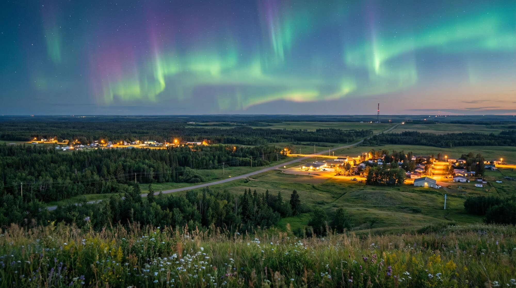 Northern lights over rural Alberta communities